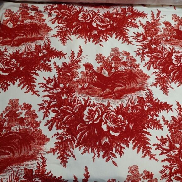 Red Toile Decorator Fabric Rooster And Rose Pattern. 1 Yard 54"W Gorgeous - Picture 2 of 8